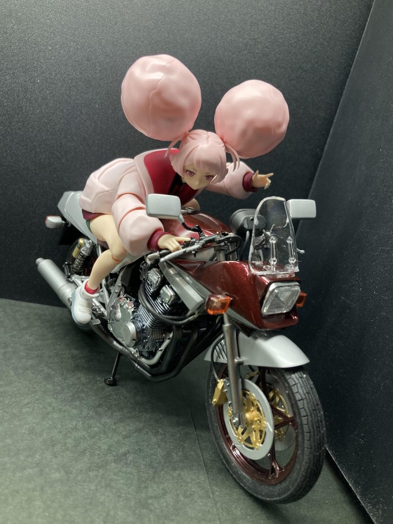 レーサーレプリカほどではないですが、かなりの前傾姿勢となり、「野郎ども行くぞ〜」と、やる気満々のチュチュ先輩になってしまいました〜