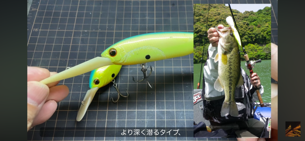 リップが長い、ゴールドディガー600というルアーです。駆け上がりを等高線をなぞるようにガツガツリップを当てながら巻いていると、グーン!とヒットしました。