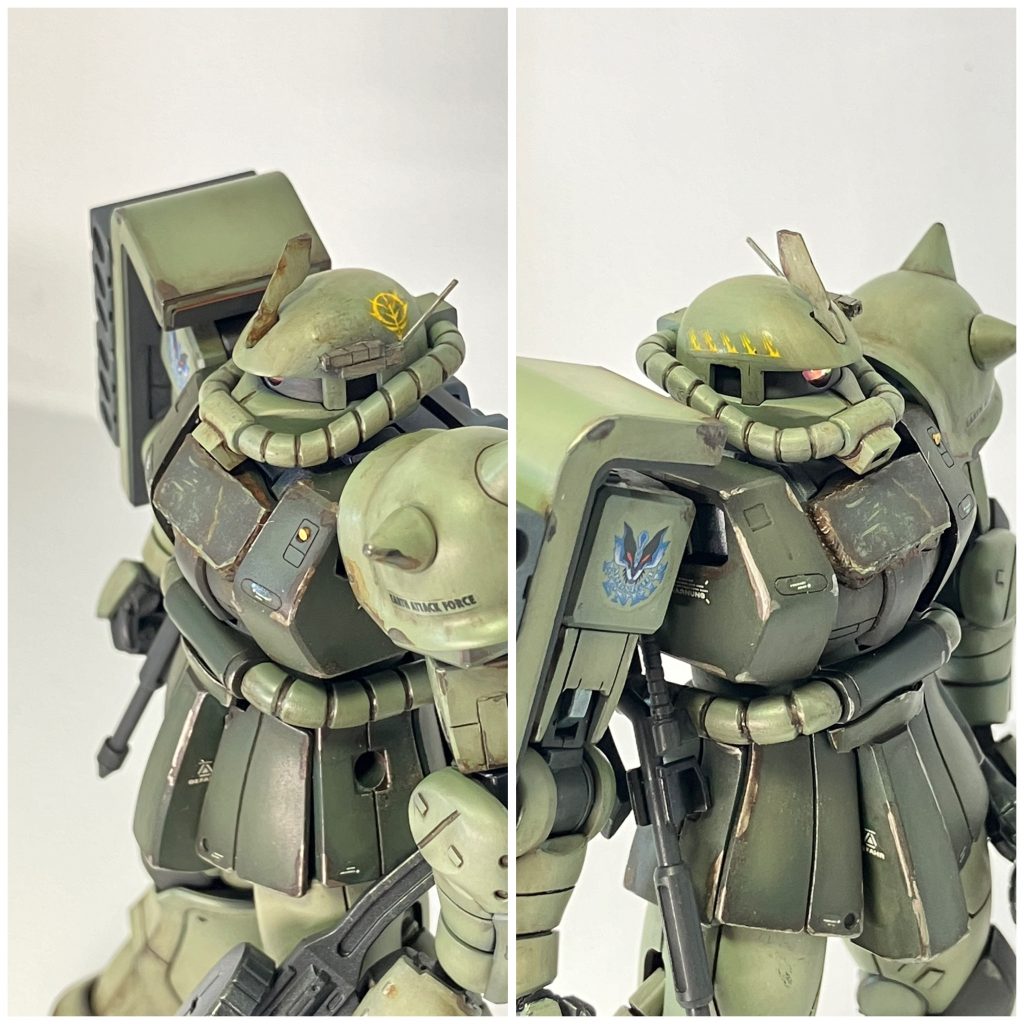 バストアップです。頭部側面に折れたブレードアンテナの補助として通信アンテナ兼補助カメラっぽいのを自作しました。っぽいのです。胸部はEz-8よろしくザクのシールドを補助装甲として雑に溶接で取り付けた感じにしています。