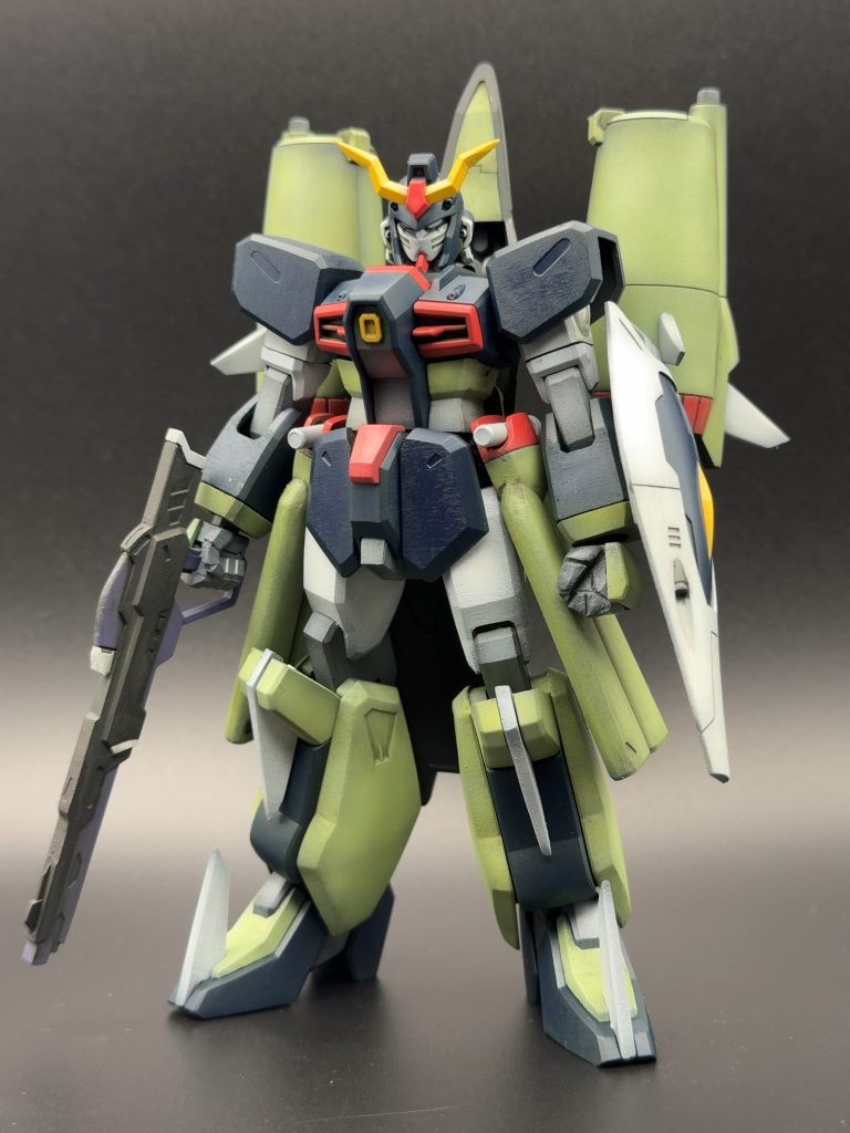 主なカラー緑部 ダークグリーン下地→ディープグリーン→タミヤXF-71コックピット色→クレオスc27機体内部色→ラスキウスライムグリーン紺色部 ダークグリーン下地→ロイヤルブルー赤部 ブラウン下地→ディスティニーレッド黄色部 ブラウン下地→NAZCAマンダリンイエローライフル ダークアイアン、ベギルペンデバイオレット、ツインアイ HLP06ステラスカイブルー