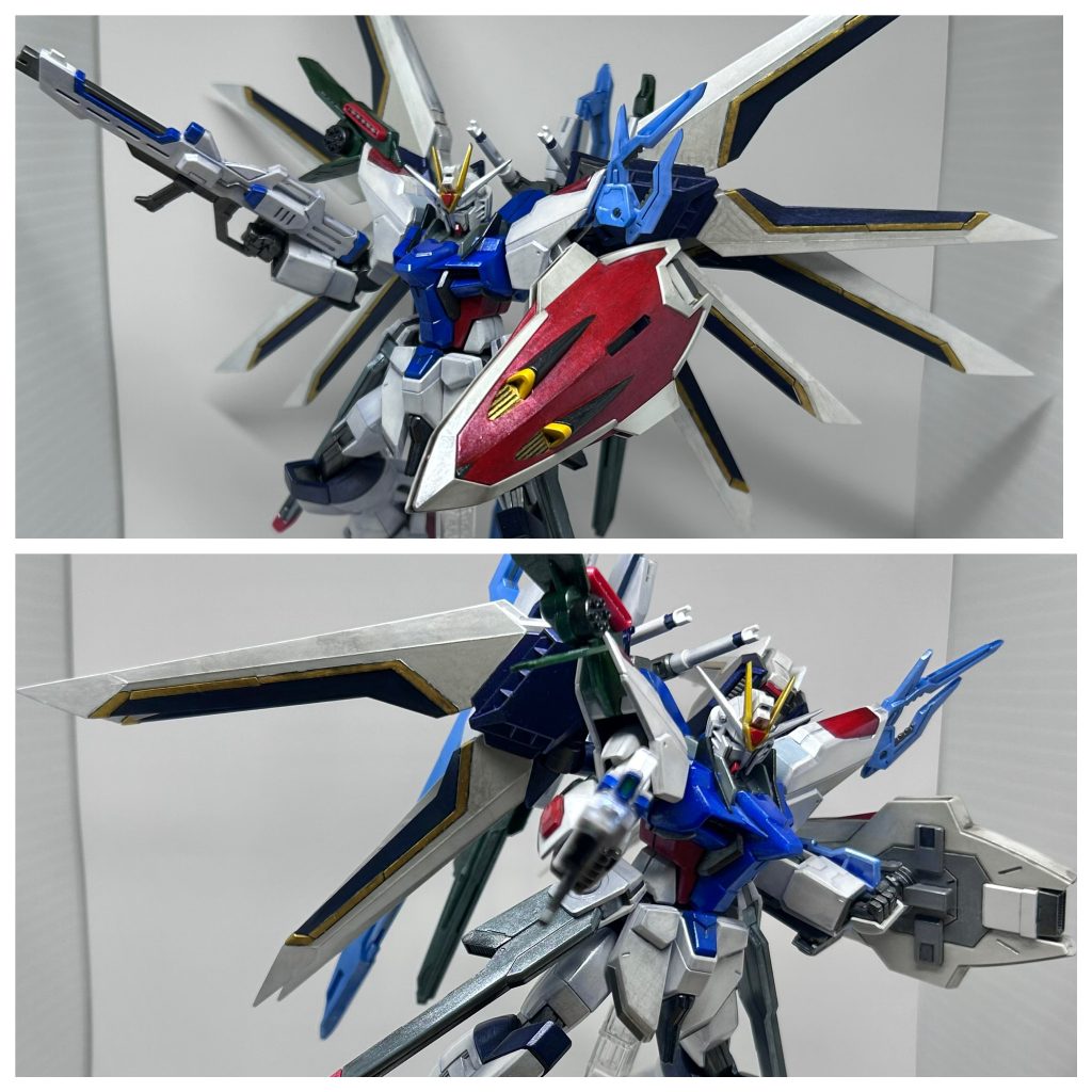 フリーダムのウイングは残したかったので、エールストライクの要素はシールドに集約。配色も、ストライクのシールドとエールのウイングを意識しました。