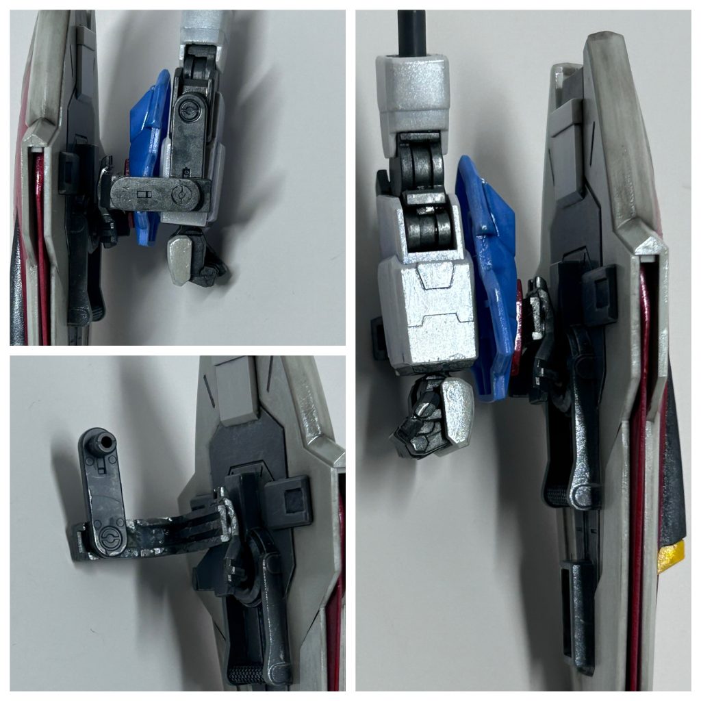 腕はシールドの、取り付けを考えビルドストライクを使用。穴あけし、オプションパーツを合わせ、肩に干渉しないよう位置を合わせました。腕部はセンサーらしき取り付け部があったので、調整してPSFのパーツを付けられるように。