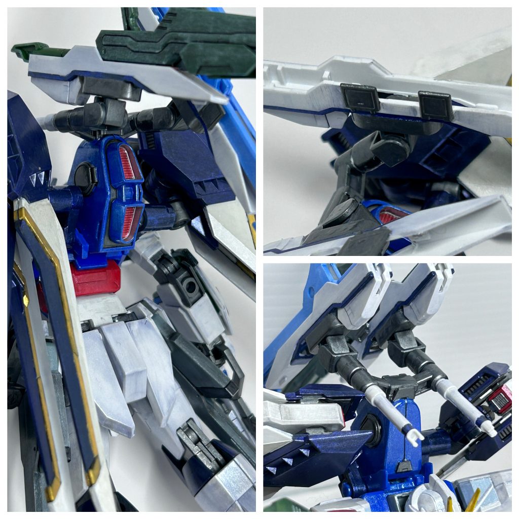ストライクフリーダムのスラスターにオプションパーツを合わせて懸架出来るよう接着。形状から丁度ビームサーベルが収まったのでここに配置。ウイングを取り付ける部位がライフリ側のウイング可動の、障害になったので切り落としてカバーパーツで蓋して目立たないように。 色は本体に合わせて青系に。スラスター内部はメタリックレッドで。