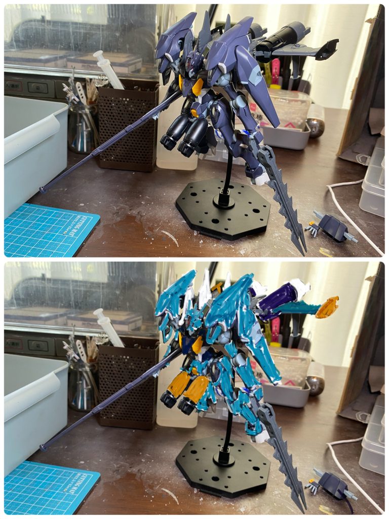 夏の終わりまでに水中用MSをもう一体作りたくて、ずっと構想していました❗️両方とも既に再販がひと段落して手に入りにくい状況だったんですが、ファラクトは6月にBOOKOFFで、30MMは8月23日の再販を待ってようやく制作スタートです。ファラクトと30MMのアタックサブマリンのミキシングと言うのもおこがましいようなドッキングですが、予想通り文句ないシルエットにまとまって方向性が固まります。世界観は違いますが、AOZのバリエーションイラストにも出て来そうな藤岡建機先生風、横斜め下向き角度が好き(gundam-kao3)