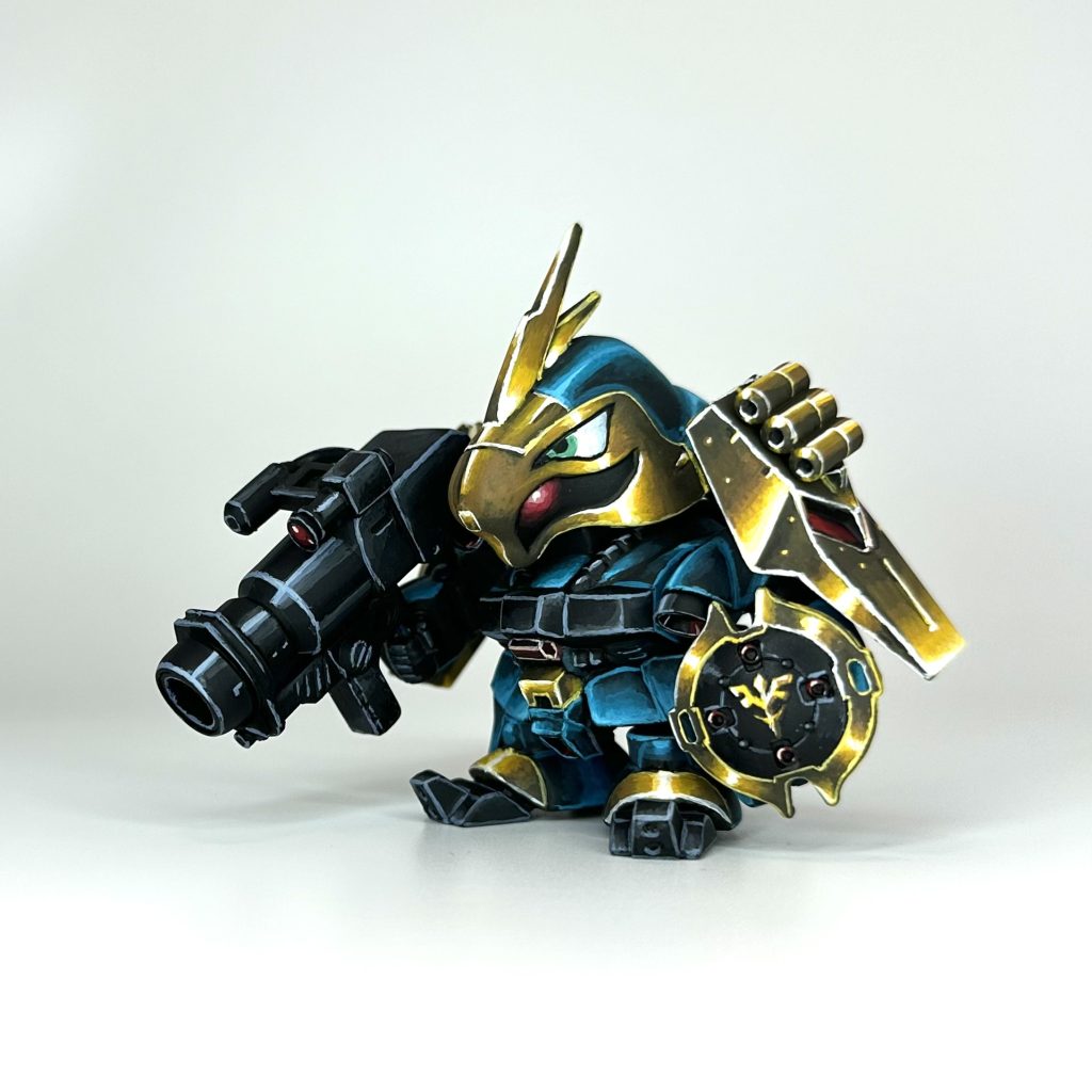 ノンメタリックメタルの塗装方法で、黄色部分を金色っぽく塗っています✨手持ちのシールドや足は上手くいった気がしています。