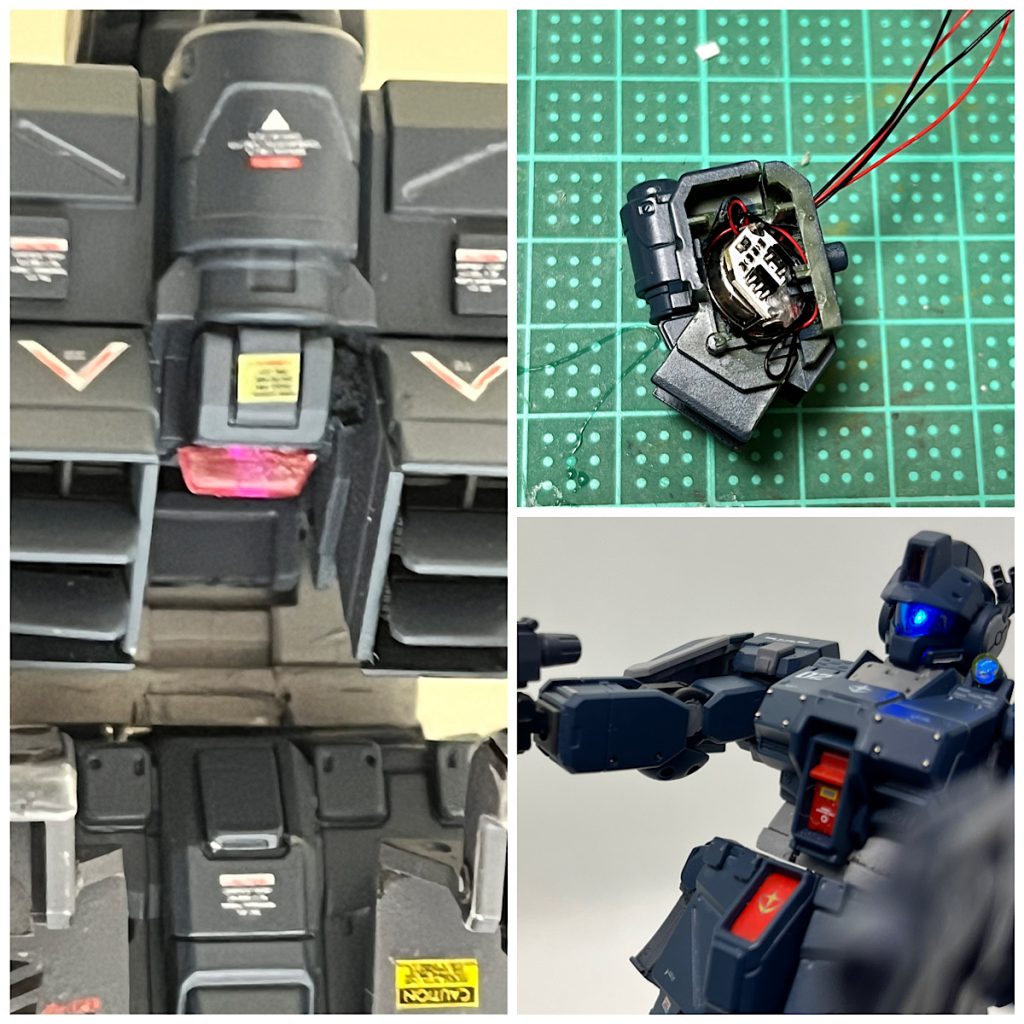 バックパックの中を地味に削ってLEDの電池ケースを格納。3つのLEDチップをここから引いて、肩のカメラ、目、バックパックの後ろのパトランプ(子供のミニカーから拝借)を光らせてます。スイッチはマグネットなので非接触