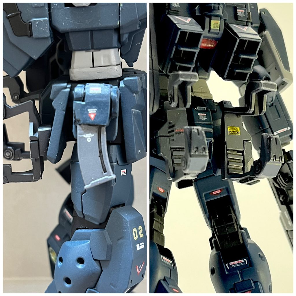 ビームスプレーガンのスペアマガジン・ホルダーはビームスプレーガンを型取りし、UVレジンで作成。土台の腰横のアーマーはORIGIN版ガンダムから拝借(ヤスリで削っていい感じに接着剤で固定)腰背部のマルチ・ウェポンラックは境界戦機のウェポンセット3からウェポンラックを加工して流用