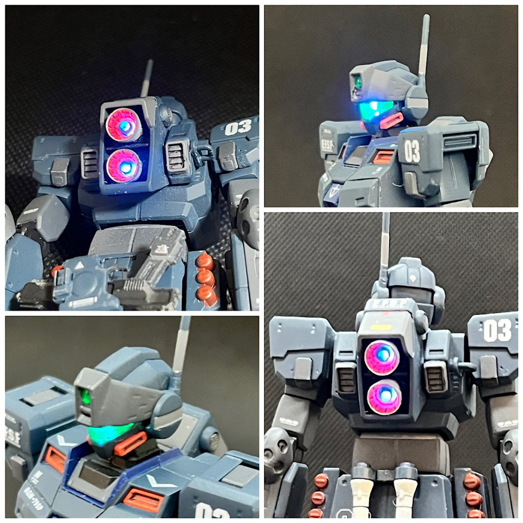 バーニアスラスターはあすぱら模型さんから購入したモデルに変更制作記録にも記載しましたが、バーニア2個、目の部分にLEDを仕込みましたバックパック内に電池を格納。いい感じに仕上がりました。マグネットでオンオフできます。このLEDキットはゆっくり点滅させることも出来るので「ぐぽーん」も出来ます