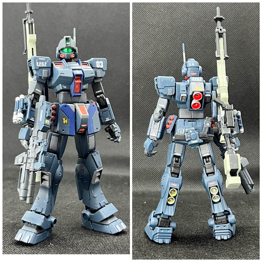 兵装を変えてスナイパーライフルをウェポンラックに装着。手にはシステムウェポンセット003のビームライフル。腰にはサイドアームのハンドガンを装備。腰のビームサーベルを外したので、右腕にビームサーベルを装着