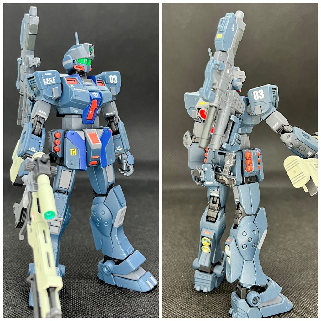 兵装を変えて、システムウェポンセット004のスナイパーライフルを装備境界戦機のウェポンセットのウェポンラックを流用してバックパックにマシンガンやライフルを装着(銃によってアダプタを変えてます)両腰にはハンドグレネードを装備(ジムスパルタンから流用)