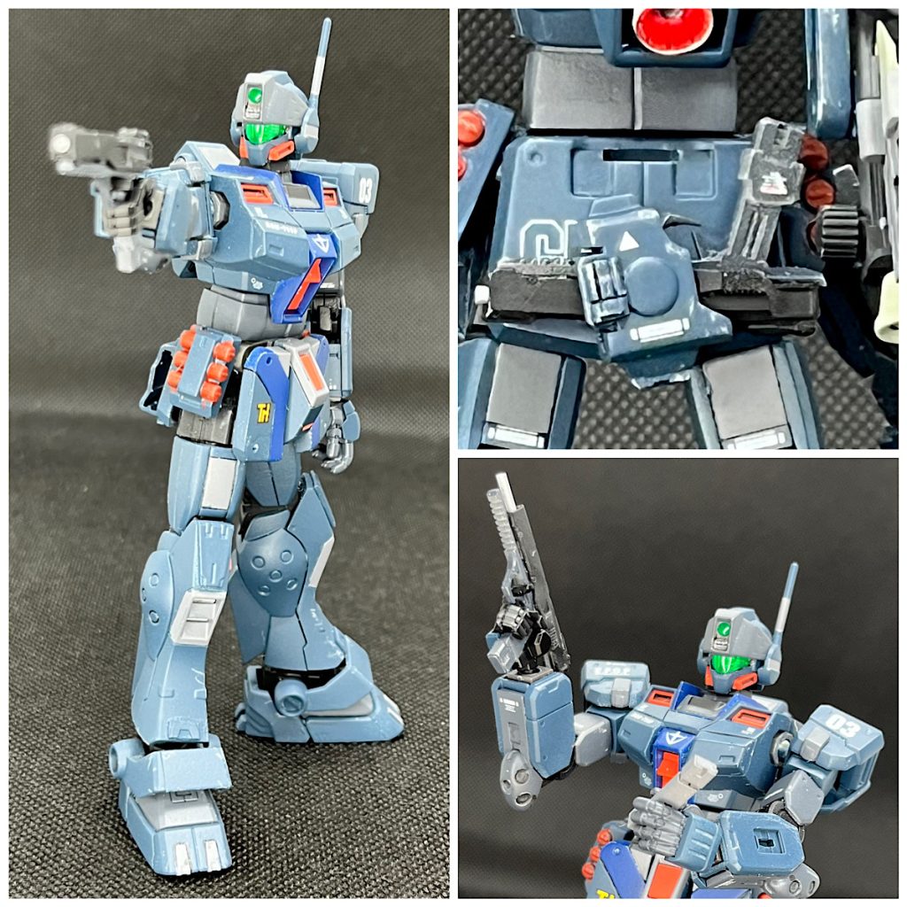 腰のハンドガン・ホルスター(KOTOBUKIYAウェポンユニット24 ハンドガンから流用)は着脱可能無課金おじさんを意識しての射撃ポーズ(笑)ハンドガンはスペアマガジンもある。スペアマガジン用のホルスターを作ろうと考え中