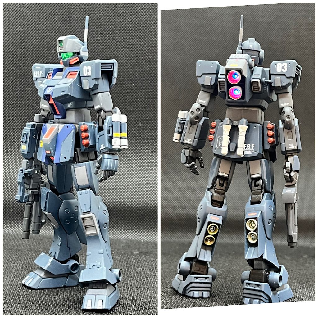 ジム・スパルタンの腕と足首、腰アーマーを流用してミキシング上腕、腰、股関節と各所を延長してスタイルを改修改修の詳細は「制作記録」をご参照ください左腕には有線式対MSミサイルを装備