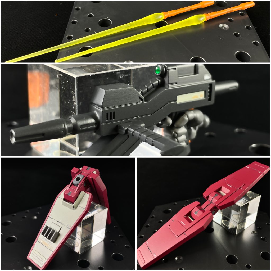 HGUCマラサイ 制作内容◎大好きな機体ですが、少し古めのキット。立つ事すらままならないので、改善。各所にある丸長モールドは作り直し又はオミット、適所にエッジを配置する事で 少しシャキッとした印象になるよう制作しました。その他、スジボリをメインにプラ材等でディテールアップしてあります。◎頭部・フェイス部分の合わせ目消し・アンテナは前面をシャープに加工・モノアイは 市販品を塗装したものに変更・口を大きくし ダクトを整形・左右のバルカンは開口◎胴体・合わせ目はモールド処理・胸は削り込み エッジ処理・腹部で延長加工・フロントアーマーはプラ板でスクラッチ◎腕部・スパイクアーマーの合わせ目処理・スパイクはシャープに加工・手首のカバーを制作◎脚部・股関節接続部を削り込み 足の可動域の確保・太ももで延長加工・バーニアはシャープに加工・爪先はエッジ処理◎その他・バックパックのバーニアはシャープに加工・ライフルの銃口は 掘り込んだ後、シャープに加工・ライフルのセンサーを制作