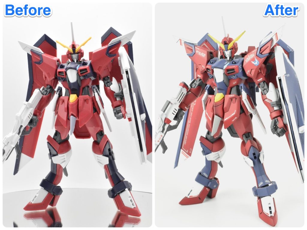 はじめにHG 1/144 イモータルジャスティスガンダムのビフォーアフターです！左側が仮組み、右側が完成後になります。