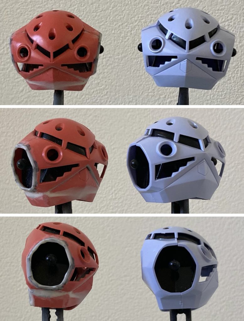 はい。改修ポイントです(ごめんなさい あまり画像が残ってませんでした)。一番、大きくイジったのは上半身。とにかく、アゴが引きたかった！ …んですよσ(^_^;)このズゴック、ほぼほぼ完璧なプロポーションだとは思うのですが、素立ちのときにちょっと間延びしてるというか… ボーッと突っ立ってる感じがするんですよね。で、「アゴを引けアゴを！」と😅でもね、アゴ、無いじゃないですか😑ｱﾗ⁉︎で、画像のように上半身のパーツを一旦切り刻んで再構成。なんとなくアゴを引いて睨みを効かせた感じにしてみました。伝わるかなぁ〜😩