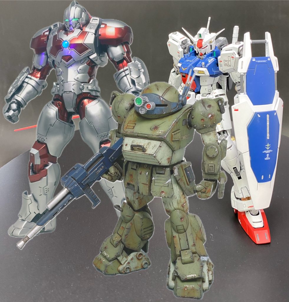 GP01の前に作った、ウルトラマンジャックとHGスコープドッグ。一緒に撮るの忘れてたので作製記録として合成。キラキラキャンディ塗装、蒸せ散らかしウェザリングを経て、金属感フレーム表現と言った課題でした。現在はEGウルトラマンライジングとカオスソルジャーをボーンミラーでメッキ表現中。ガンプラとしてはMGSDフリーダムが再販で手に入ったので、表面処理中ですがSEEDコンには間に合わず。そろそろイベント参加したいけどタイミングが…