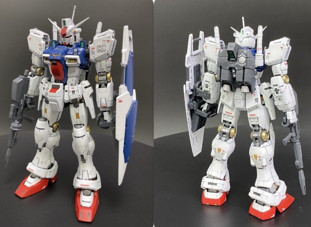 フロント&リアビュー。例によって腹回りは白が好きなので、コックピットハッチを赤に。3号機の配色ですね。