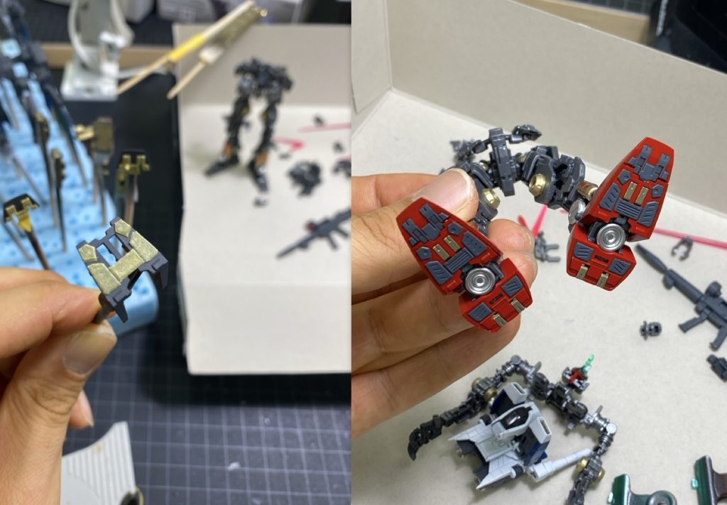 よく見てるプラモ系ユーチューバーが塗り分けしてたので真似してみました。手間だけどマスキング剥がして塗り分け出来てた時は脳汁ブシャーです。まあ見えないんですがね。