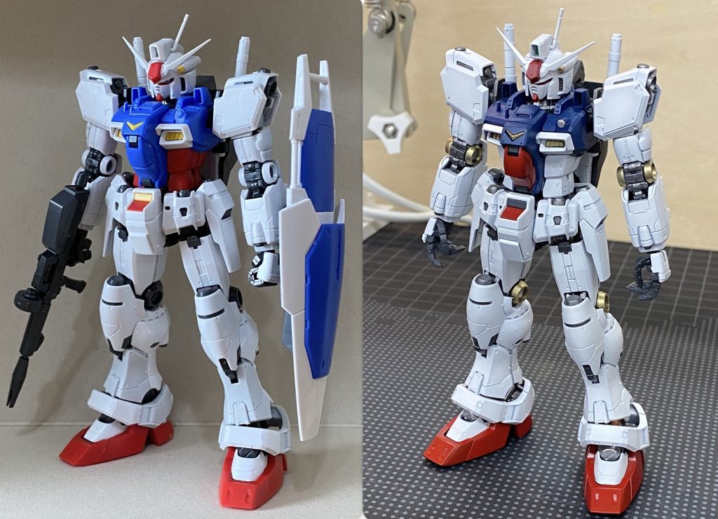 素組と途中経過比較。流石RG、素組で既にカッコいい。スミ入れ&デカール前で光沢コートしてますが、キラキラしててコレもありですね。