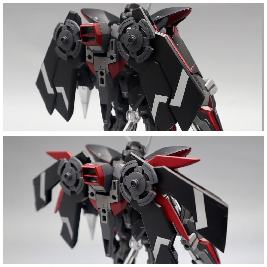 バックパックは、ネブラブリッツのような意匠が出来ればと思い、在庫パーツを漁っていたところ、ベギルベウのバックパックが目に留まり、併せるに至りました!E G(Energy Glitter-circulation)システムを使用するときに開くイメージです!