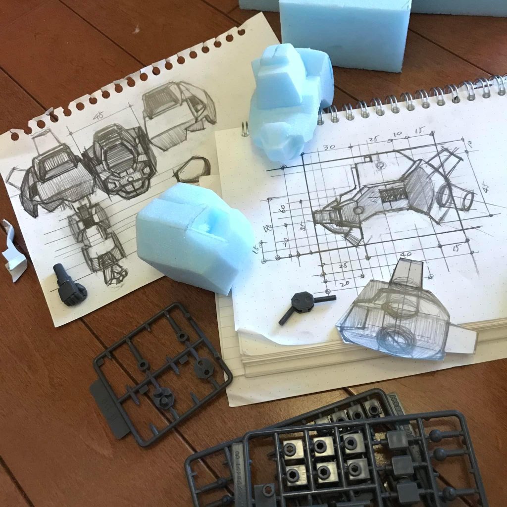 スケッチとスタイロでスケールとバランス確認背骨?はコトブキヤの関節パーツを連結したものを下地にして可動式にしました。