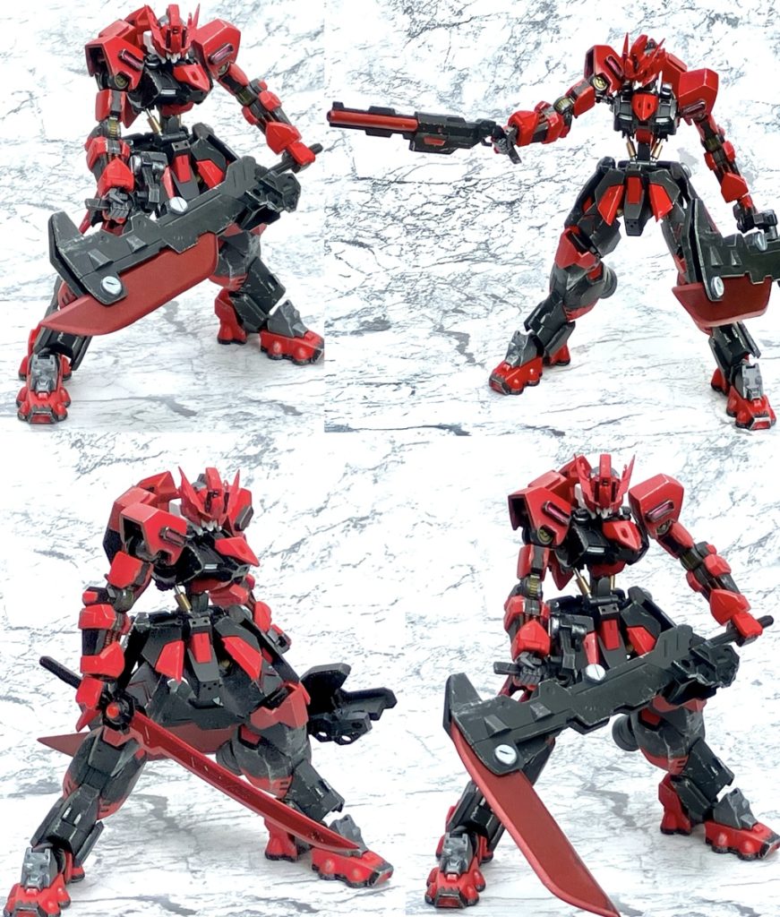 中〜近距離戦を想定した機体です。大型ソードメイスになるウエポンラックシステム「月紅」を使用し様々な戦況に対応します。ソードメイスは刃部分が変形し大型の鎌になります。