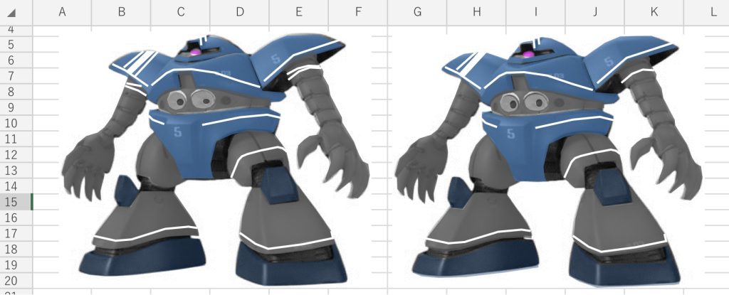 最終的に右の(案)で決定。メガ粒子砲は無難な赤で塗るべきか最後まで悩みました。
