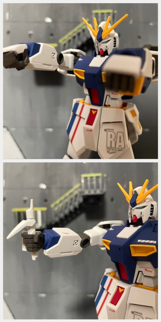 ハンドパーツは平手と武器持ち手の2種類ありました。(これは嬉しい…)しかし手の甲は1セットしかないので一々付け替える必要がありました。そして背中のビームサーベルの持ち手は取り外すことができます!1枚目のぐー突き出し写真にアレックスを感じます…