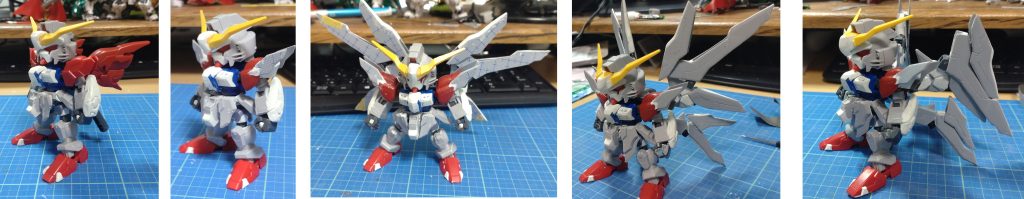 ■制作工程いきなりHGとかMGのミキシングとか行える腕もないので、まずは手軽にSDから始めました。何度か組み合わせを変えたりパーツを作り直して、ようやく完成しました。主な素体は以下の通り・SDEXデスティニー:頭部、胴体、脚部・SDEXデスサイズヘル:腕部、ブレードアンテナ・SDEXシナンジュ:肩部、バックパック・ほかウィングや装飾はエポパテとプラ板工作と、市販のパーツ