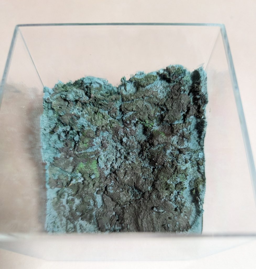 こちらはジオラマにするケース。セリアで100円で買った10㎝未満くらいのフタ付きのケースです。子どもが夏休みの自由工作(1つ目失敗したので2つ目は投げやり笑)で簡単なジオラマにすると言っていたのでその土台に使ったテクスチャーの残りをもらい、更にその上に別途作ったものを盛ってしっかり乾燥。 その後何層かに塗装します。