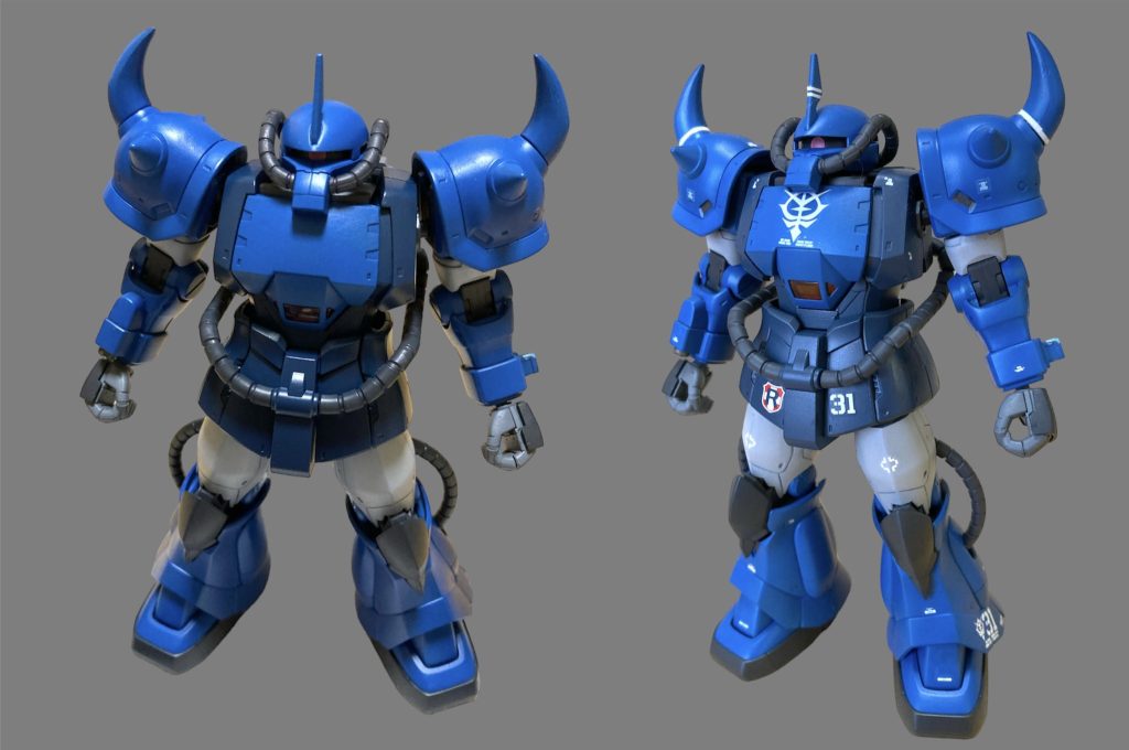 ちなみに無塗装っぽいですがそれっぽい色をなんとか調色した上でエアブラシ塗装をしています。ランバラル好きですのでグフはやはりこのブルーが良いですね。デカールはオリジン版水転写を使用。最近どこにも売っていないので手持ちのものを寄せ集めです。