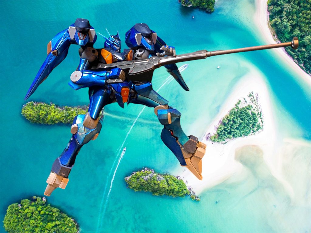 「はぁ〜あ〜❤︎ こんな綺麗なビーチがあるってのに、使い道はMSの試験と演習なんてね〜勿体ない⭐︎」何故か水着姿になっているセセリアは、砂浜に立てられたパラソルの下ではしゃぎ調子だ。付き添いのロウジはいつも通りの制服姿で日陰にいる。 「決闘者はペイル寮エラン・ケレス、ゼオニック寮インゼル・アルノルト 双方、魂の代償を天秤に」 「我がゼオニック社も水中用MSの開発に一つしかないこの試験区域を使いたいのに、御三家の圧力か何か、ここ最近ずっとペイル社に独占されていて使用許可が降りない。自分は、この“宇宙の深海”の使用権を所望する！」 「でぇ〜、エラン先輩はこの決闘に何賭けるんすか？」 「え？えっとぉ、けっとうとかよくわかんないんだけど、僕は勝ったら学食のパフェ食べたいなぁ🍨」(せんぱぁ〜い、凛々しい顔して、こんな子供じみたギャップ❤︎そりゃあ学園中の女子の母性をくすぐるわね⭐︎)