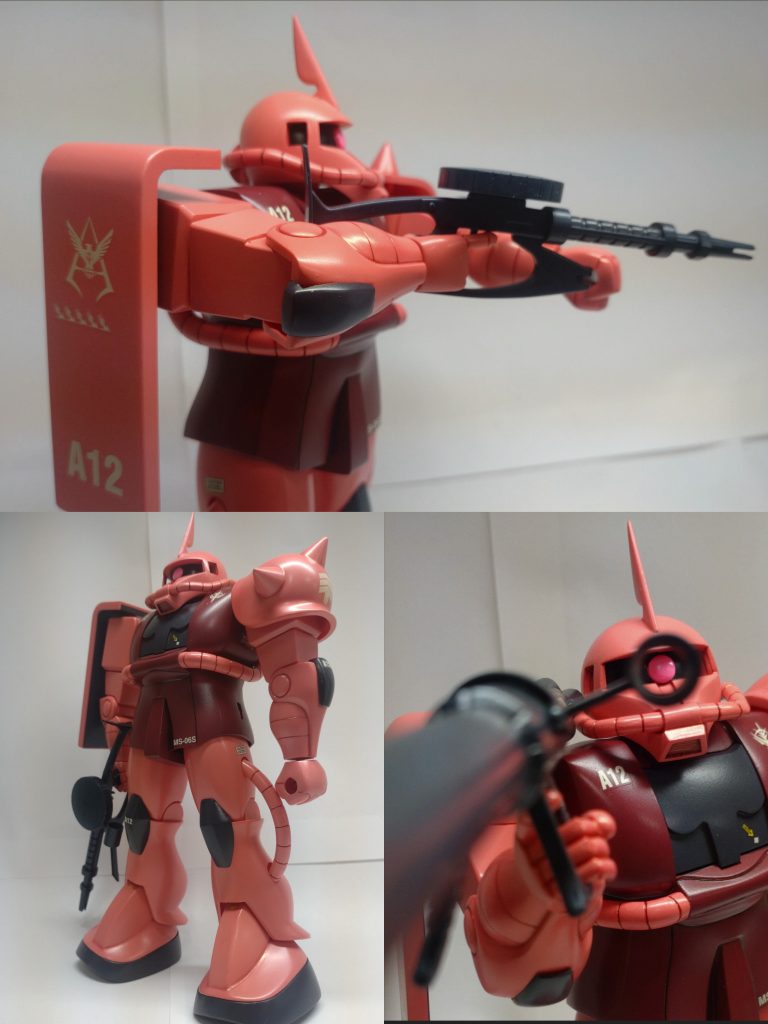 「 デカール」 1/100ザクⅡ Ver.1.0用が手元にあったので、PG,MG,RG,MSVなどを参考にいいトコ取りでクドくならない様にテキトーに貼りました。シャアザクの設定、色々と違い過ぎる……orz「 ウェザリング」 今回は、ガンダムリアルタッチマーカーの「 レッド1」「 ブラウン1」だけです。仕上げに水性トップコート「 半ツヤ」です。「 その他」 モノアイには「 Hアイズ」を使用しました。ガンダムマーカー蛍光ピンクで塗ってます。見て頂き、ありがとうございました。