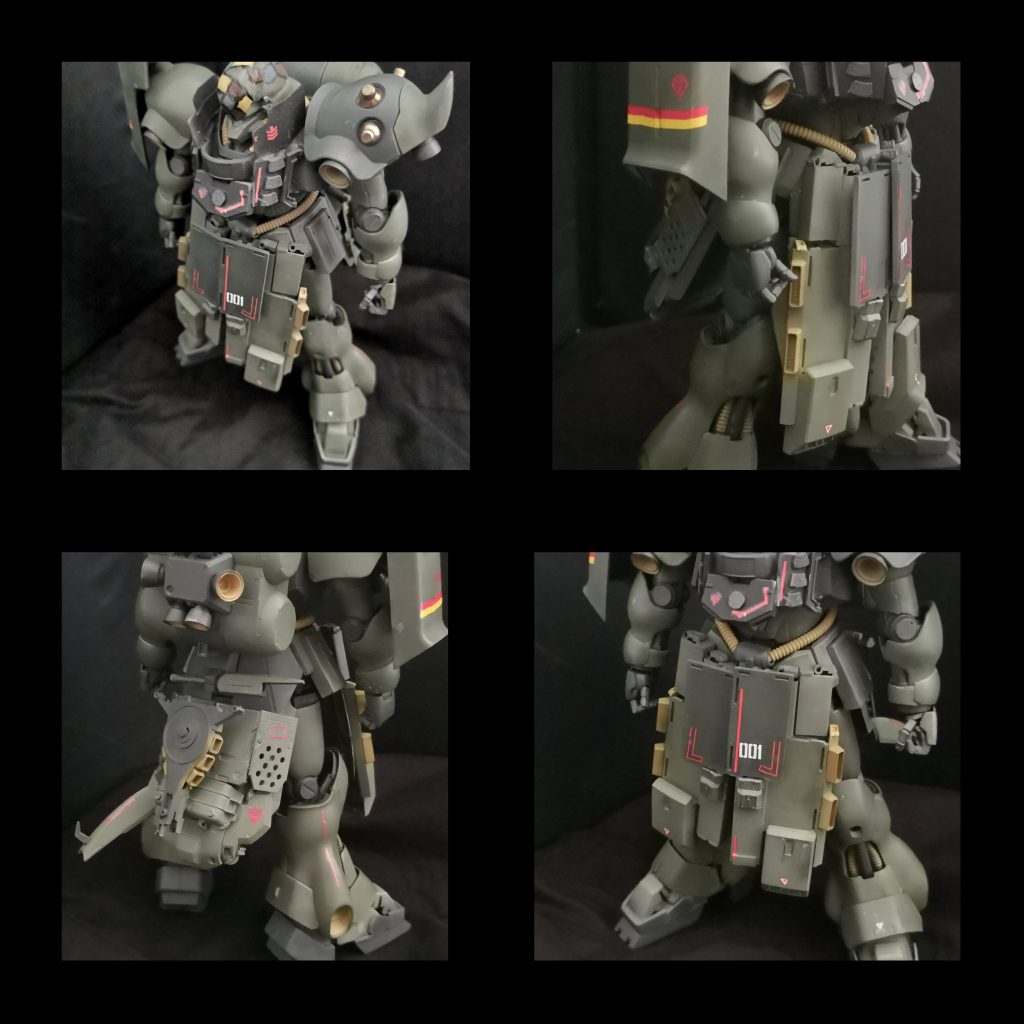 本体からです。WW1のドイツ兵を元デザインにロングコートを着せて重武装化しています。ヘルメットと後述のシールドには特徴的な迷彩頭部には四連のバルカン装備本来ネオジオンのマークがジオン公国のマークに代われてることで異種感を出しました。