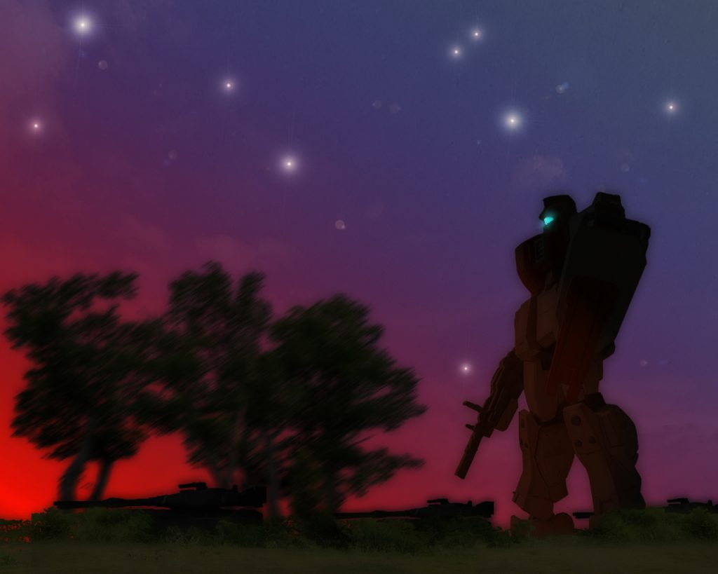 「写真にあるように極東戦線でも試験的に多くの陸戦型MSが投入されていました。亜熱帯の地域では突然のスコールや日照りがあり、地球の自然を前にスペースノイドの私は悪戦苦闘しました。今となっては良い思い出ですが」「これは夜明け前ですかね。宇宙暮らしには地球の自然という奴は驚かされるばかりです」