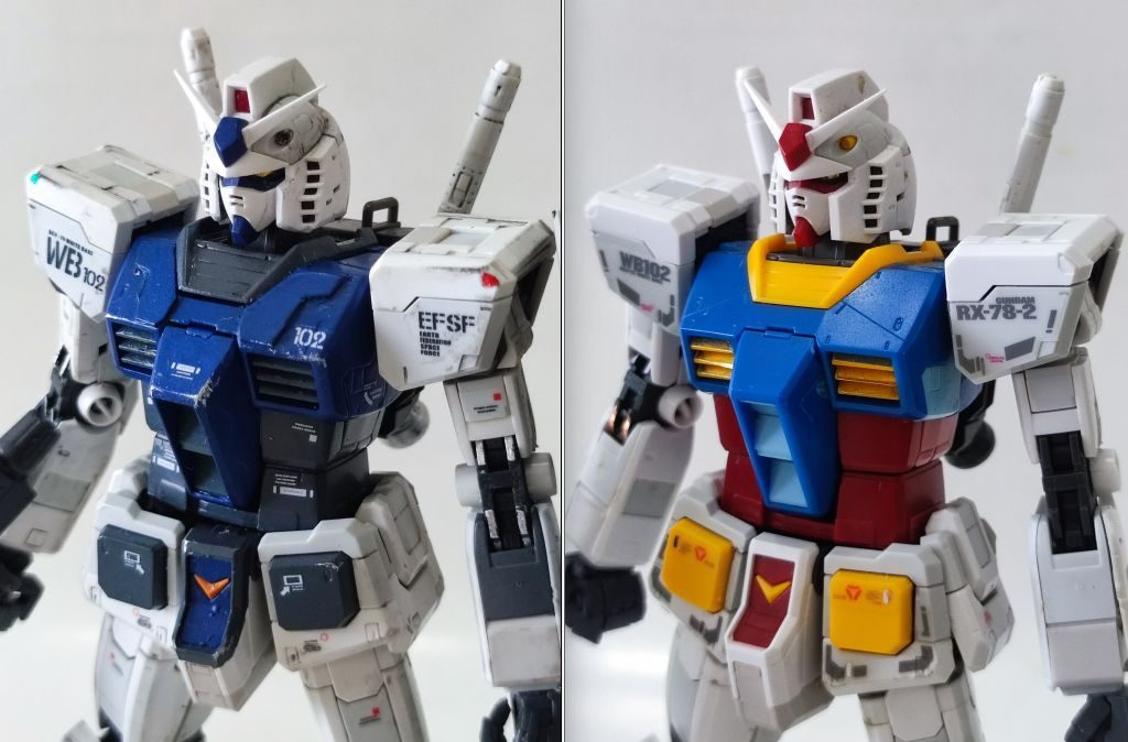 今回は武装をはぎ取られた可哀そうなガンダムがもう1体おりますので、ビフォーアフター比較が可能です。上半身は塗装以外にも手を入れています。RGガンダムVer2.0を参考に、胸部にプラ板を貼って立体装甲を追加しています。また、頬のパーツを削って、面長フェイスをやや丸顔にしました。写真ではぱっと見違いが分かりにくいですが、かなり印象が変わりました。両肩に赤と緑の位置灯も追加しました。こちらはホイルシールを小さく切って貼っ付けています。