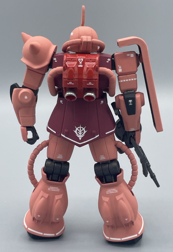 バックショット　後ろ姿も、見事に造形されています。S型ということで、脚部やランドセルにスラスターがしっかりと造形されています。　ランドセル部は、本体と質感を変えて光沢仕様にしています。全体で観た時、メリハリが出て良いバランスにまとまっているかなと思います。