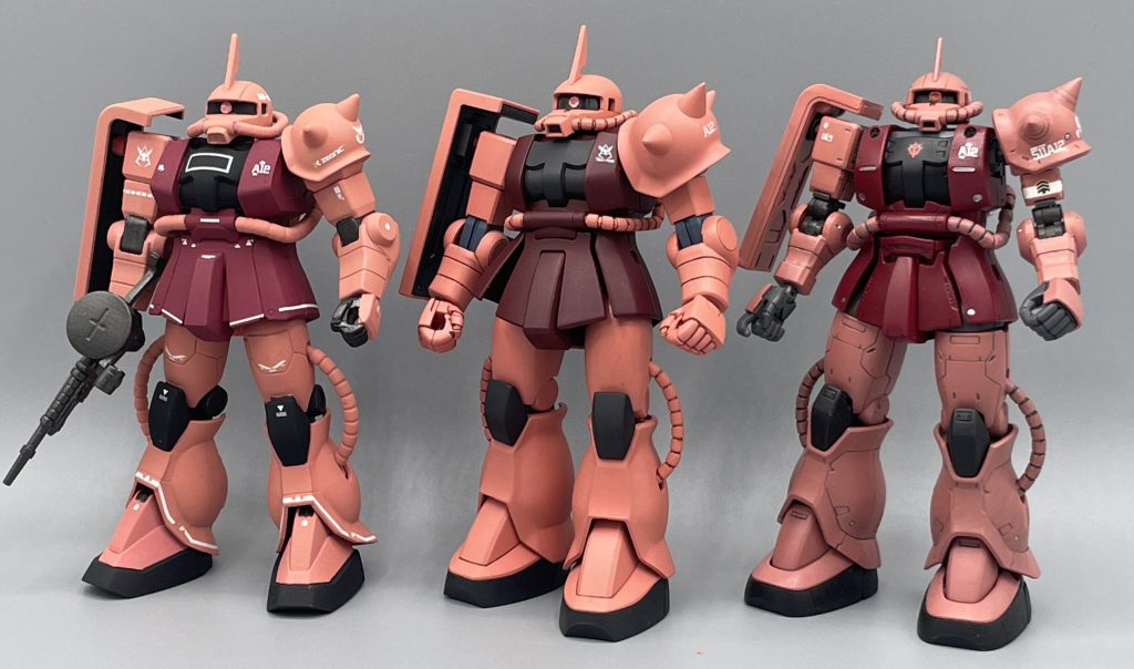 シャアザク３種盛り　なんか回転寿司にありますよね、こういうサーモン3種盛りみたいなの(笑)　左から、「FGシャア専用ザク」「旧HGUC」「HGオリジン版」となっております。　　私の好みでは、FGのプロポーションが1番好きですね。オリジンは小顔でイケメン、アニメに近いのは旧HGUCかなぁ。FGシャア専用ザクはこちら↓　是非みてやって下さい(^^)https://gumpla.jp/old/2045183　皆さんは、どのシャアザクキットが好きですか？ 宜しければ、コメント欄で教えて下さいね(^^♪　最後までご覧いただき、ありがとうございました！！