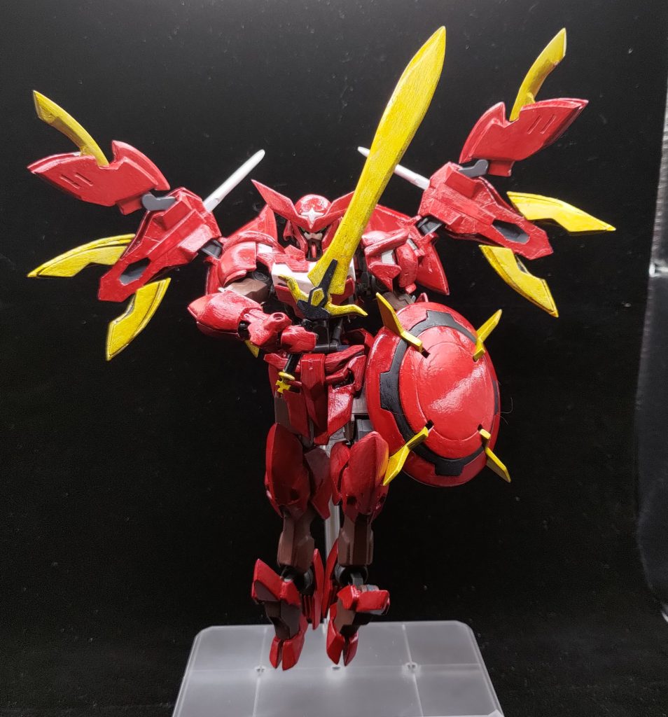 スラスターバインダーの展開なんなら、リミッター解除の赤いアレが出ててもいいですね。仮にイオクが乗っていたとしたら、大きく成長したタイミングでバインダー展開が行われると大変良いでしょう。まぁ、作中の所業をいくつもなかった事にしない限り、話の流れを作れないですね。