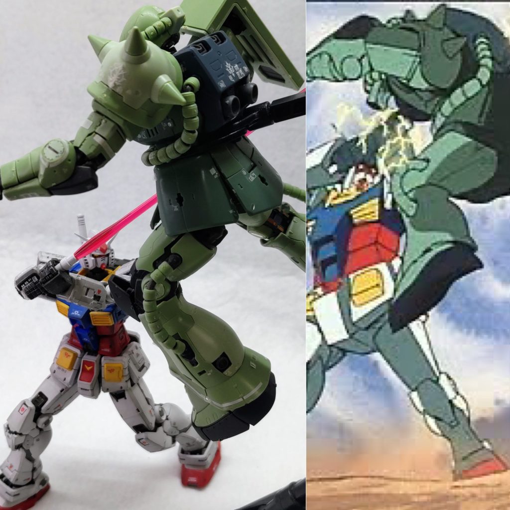 ガンダム大地に立つ!同じRGでもこのザクはポロリと関節ギチギチでポージング大変(gundam-kao5)