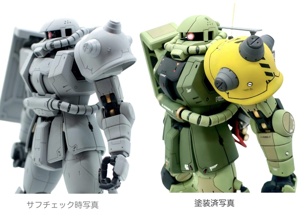 作業は、バリ取り、ゲート処理→ランナーからの切り離しは、ニッパーで2度切りした後、#400→#600のスポンジヤスリで表面を均し、一つ一つ綺麗に仕上げています。途中、＃1500のサーフェーサーで下地処理しながら表面チェックを繰り返しながら作成します。