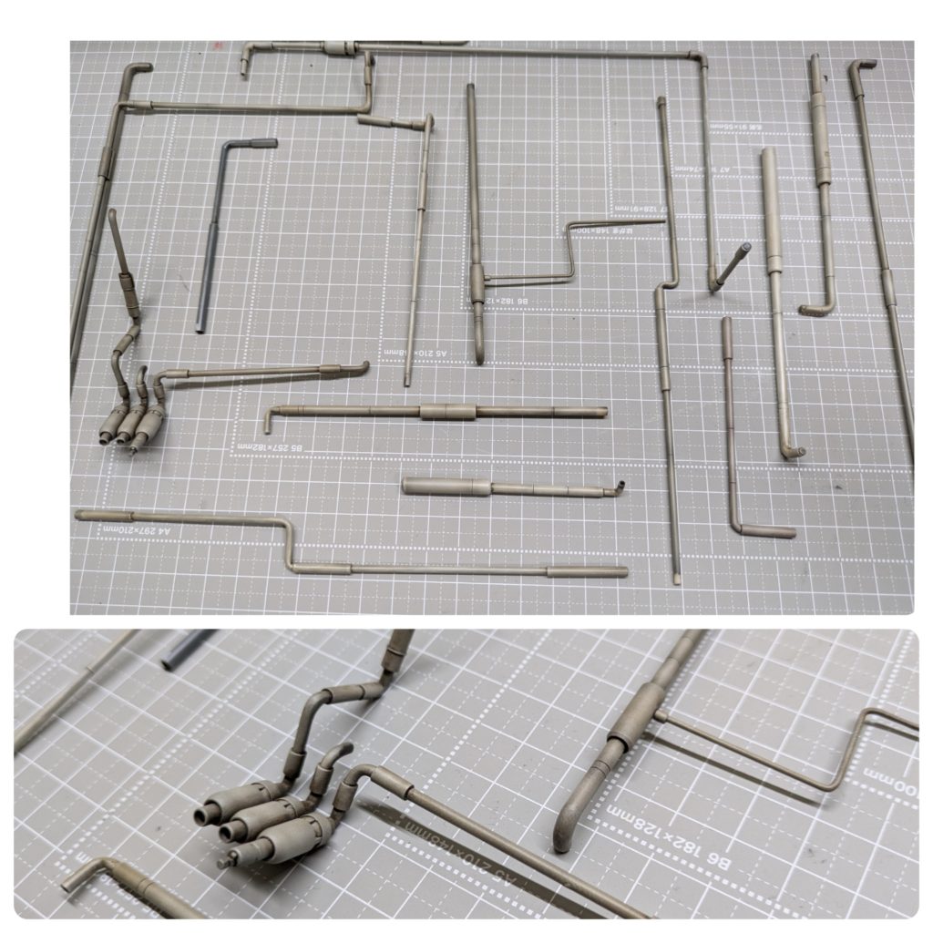 配管類も沢山作りました。電熱器やヒートガンで熱して曲げたり、繋げたりと。大中小と制作して全体にレイアウトしています。