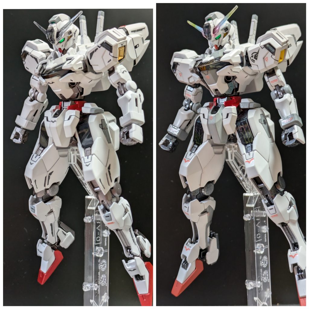 前回投稿した機体との比較。左=今回作成の機体。右=2023年12月投稿の機体。今回はグレーの部分塗装を少なめにしました。20231201 ガンダムキャリバーン