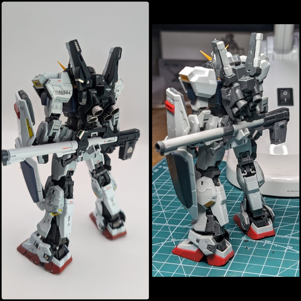 自撮り素組みと比較。 何が違うかって?!全然違いますよ。サーベルの向きが🤭 あと、細かい事を言えばサーベルラック部分とランドセルを繋ぐホースの部分の、サーベルラック側に角モールドを足しました。それとスラスターを大型化しました。