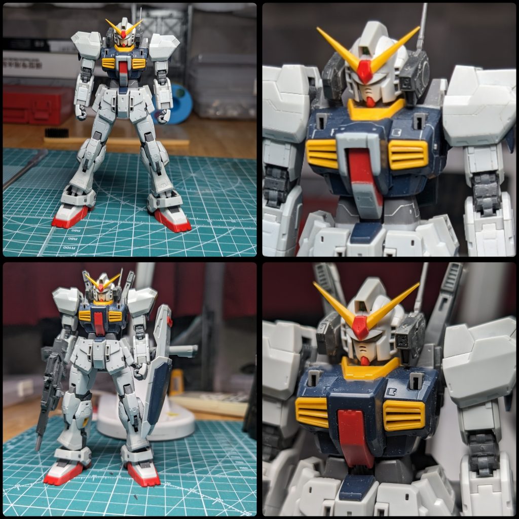④胴体側の肩の部分(グレー部品部分)が、ショルダーと一緒に可動するように、一体化にしました。⑤コックピット部分はヒンジが見えるのが嫌だったので隠しました。戦闘するMSなのに、一番重要なコックピットがヒンジが見えるなんてあり得ないと思うので隠しました。あ、ちゃんと開閉もします。⑥どうも胴体が押し潰された感があるので腰で2㍉延長をしました。