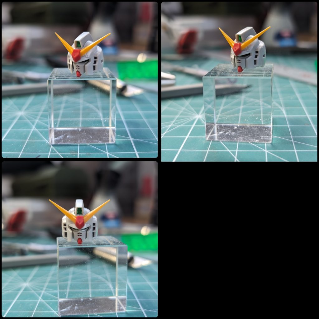 左側が加工品。右側が素組み。③アニメの様なマッシブな体付きで、目の部分ももう少し大きいのならこのマスクでもいいと思ったのですが、今の時代の線の細い感じのMk-Ⅱなので、それに寄り添いマスクを小顔化しました。