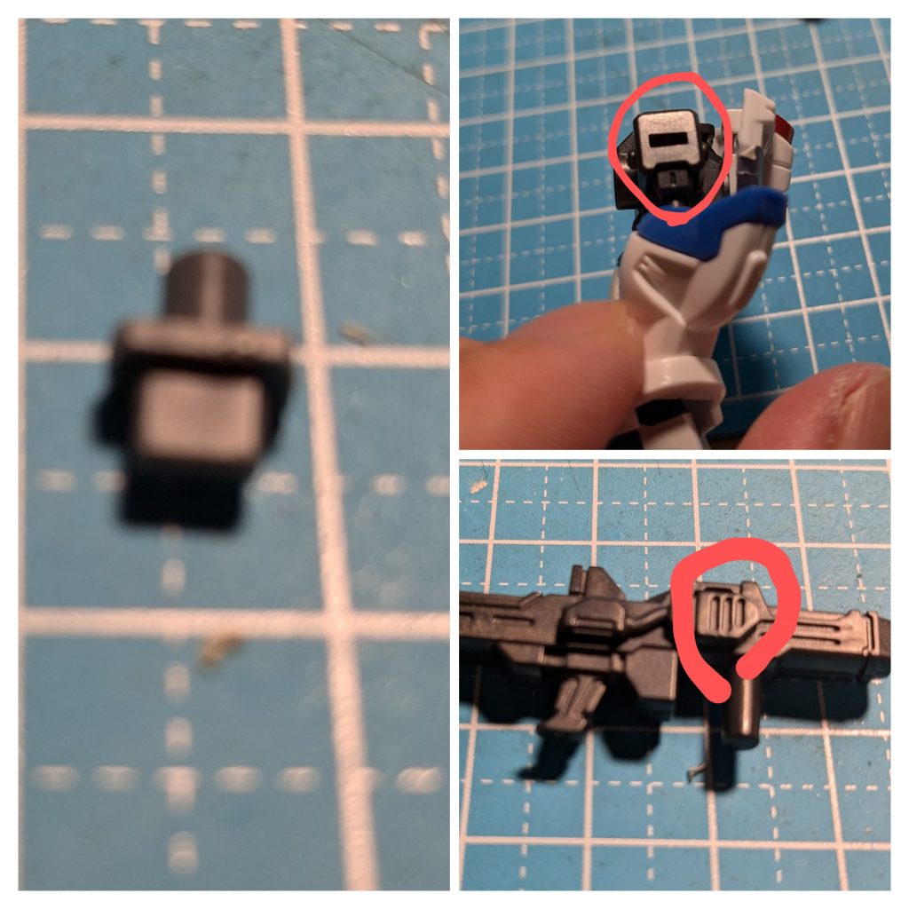 30MSのジョイントパーツで、平の部分を削り、腰部分に装着します。EXパーツのライフルを3mmで穴を空け、腰に装着します