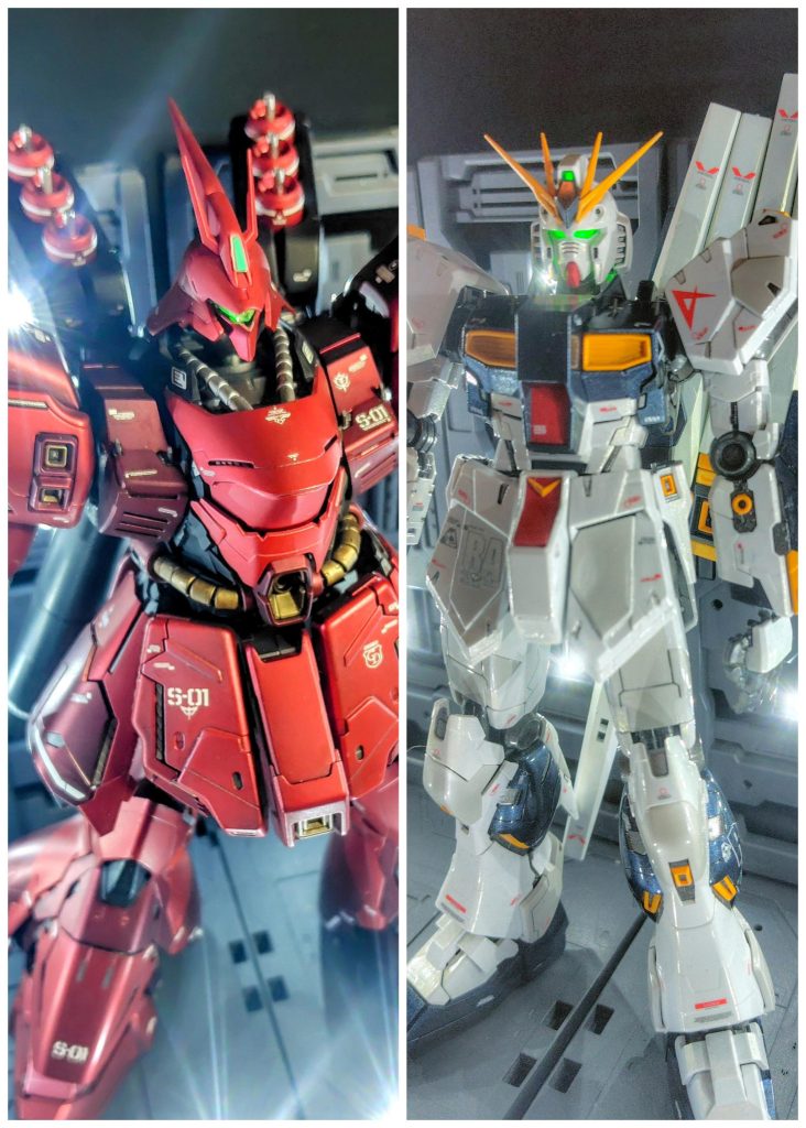 パール塗装のνガンダムとマットキャンディのサザビー、ちょうど対になって並べてみるとワクワクしますね！プラモを始めて約半年、自分なりの半年間の集大成となりました。