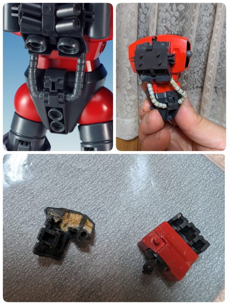 ここからはマジメに😅改造点◯腰の後ろの動力パイプはキットのままだと、一体成型で可動範囲が制限されるのでプラパイプにリード線を通して可動を妨げないようにしました。◯拳のパーツに肉抜き穴があるので、エポパテで埋めました。