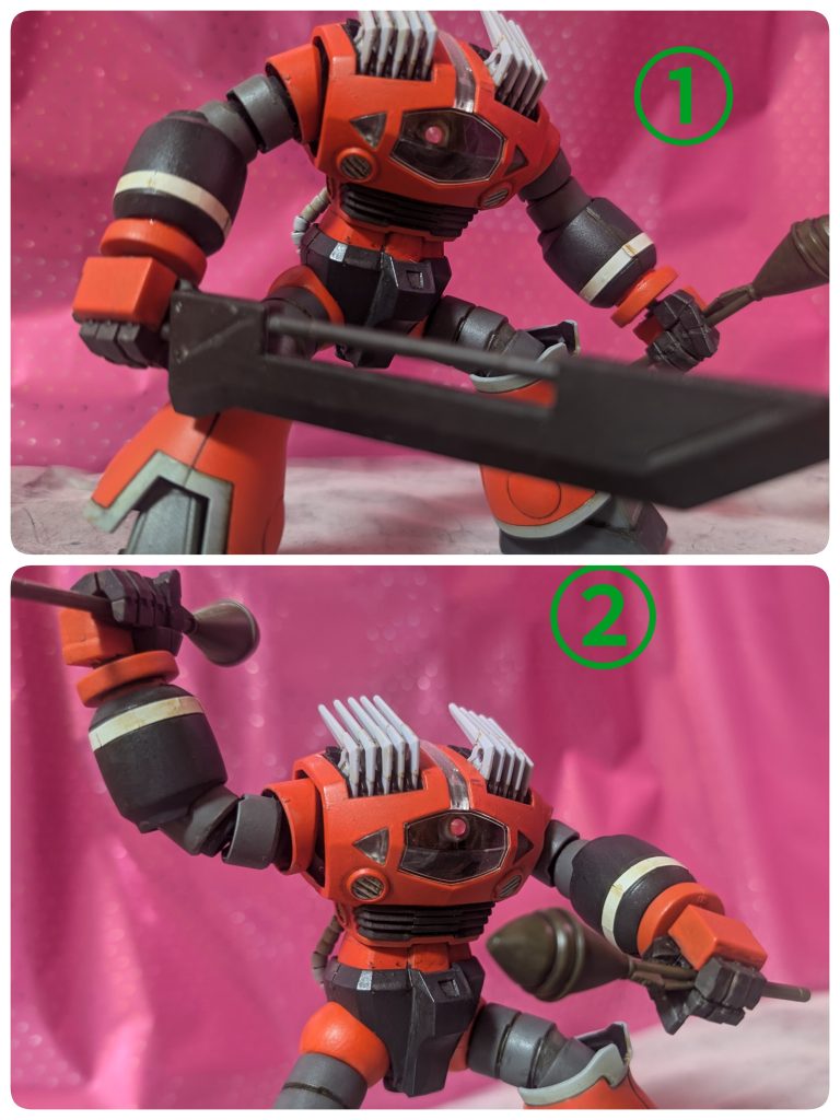 手待ち武器も色々用意しました。①バスターソード    大型のヒートソード。鉄血 の武器セットから、キットのヒートサーベルよりもデカいのでハッタリが効きます。②シュツルムファウスト使い捨てロケットランチャー。キット付属のもの、ゾゴックさん、使い方間違っていませんか？🤣🤣🤣仮面ライダー響鬼か？！